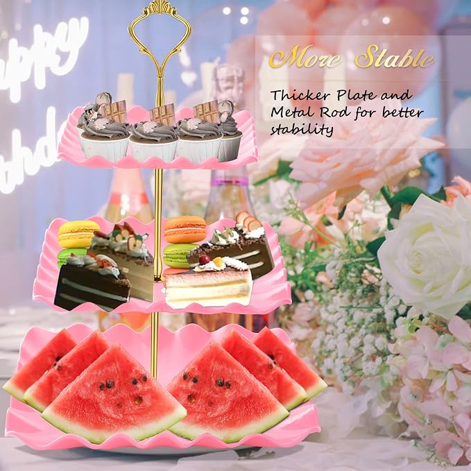 DAFURIET Dessert Cupcake Stand, 3 Tier Cup Cake Holder Tower for Tea Party/Birthday/Wedding, Plastic Tiered Serving Tray with Metal Rod, Pink