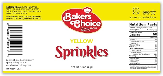 Bakers Choice Yellow Sprinkles for Baking - Jimmies Sprinkles for Ice Cream Toppings - Dairy Free, Kosher 2.8 oz.