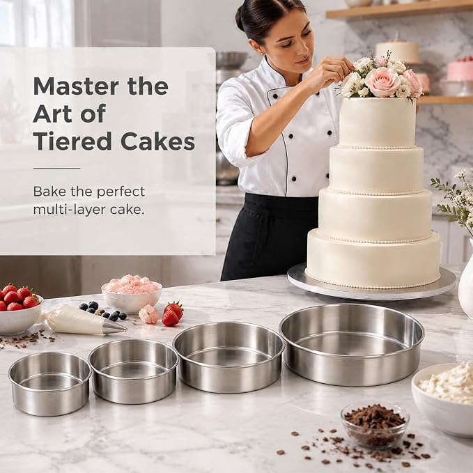 Leonyo 4-6-8-9 In Cake Pans Set of 4, Round Cake Tins for Baking, 2" Deep | Bake a multi-layer cake — perfect for celebrating weddings, birthdays, housewarmings, and graduations
