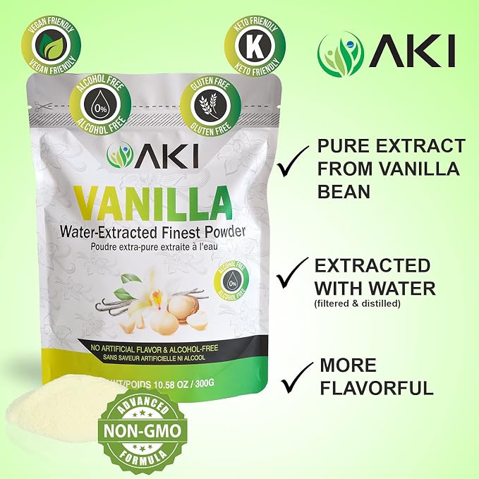 AKI Vanilla Extract Powder from Authentic Beans for Delicious Flavoring, Cooking, Baking, Drinks, Tea, Coffee, Smoothies, Cocktails - Sugar-Free & Alcohol-Free (10.58OZ/300g)