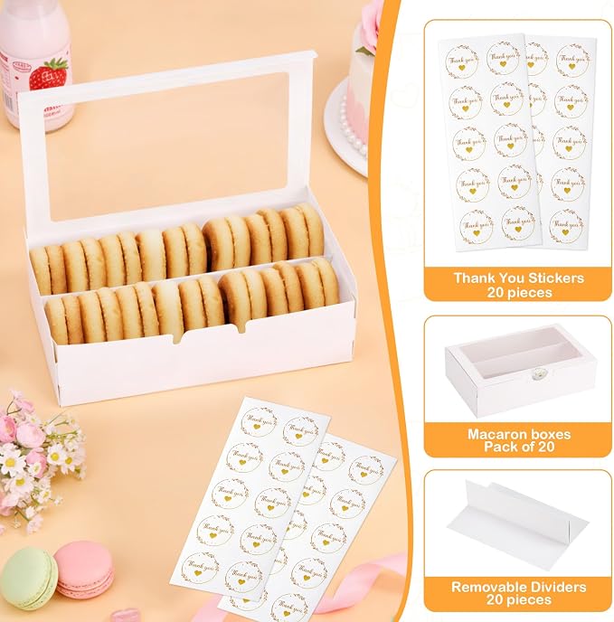 20 Pack Macaron Boxes with Window - 7.3x4.6x2 in Macaron Packaging Containers Holds 12-16 pcs,Small Cookie, Truffle and chocolate covered strawberry boxes for Gift Giving