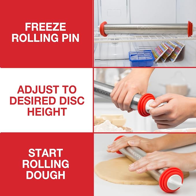 Good Cooking Adjustable XL Rolling Pin with 3 Spacer Rings, 17 Inch Stainless Steel Nonstick French Pastry Roller for Dough, Cookies, Pie Crust, Pizza, Fondant, Baking and Kitchen Prep