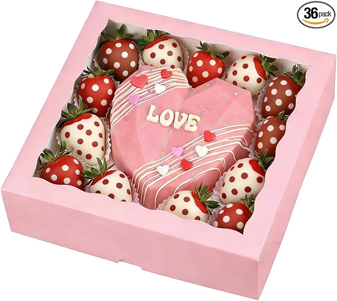 Pie Boxes Pink Bakery Boxes with Window (36pcs, 9x9x2.5 Inch) for Christmas: Ideal for Pie, Cookies, Chocolate Covered Strawberries, Breakable Heart & Charcuterie