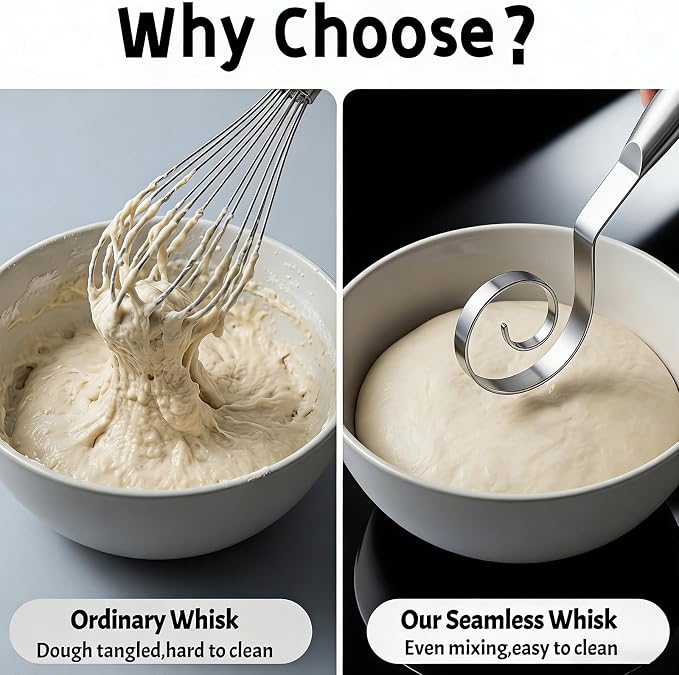TEEVEA Danish Dough Whisk,Seamless Stainless Steel for Sourdough Bread | Food-grade material,Rust and corrosion resistant,Sturdy and bend-resistant,Residue-free,Easy to clean,Dishwasher safe