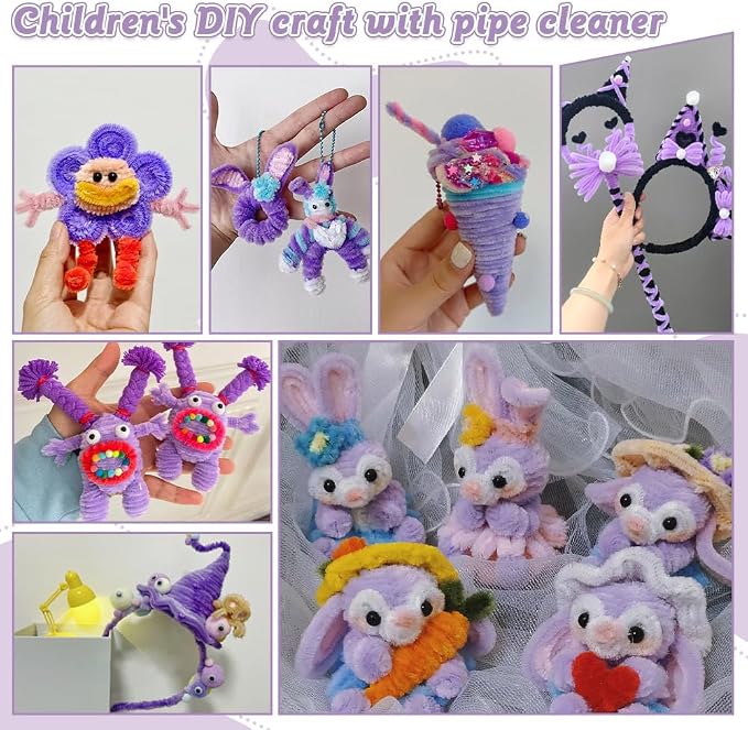 AHAMETON 620Pcs Purple Pipe Cleaner Flower Kit, 6 Colors Bulk Pipe Cleaners Craft Supplies with Wires, Stamens, Ribbon, Tapes, Card, DIY Flower Making for Gifts Home Decoration, Party & School Crafts