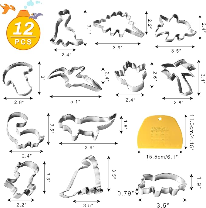 Dinosaur Cookie Cutter Set - 12Pcs Mini Cookie Cutters Variety Pack with Dough Scraper, Stainless Steel Cookie Mold for Biscuits, Fondant, Sandwiches and Pancakes