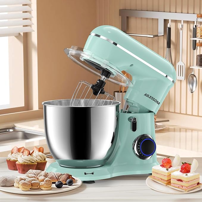 SAMSAIMO 3-IN-1 Electric Stand Mixer, 10-Speed With Pulse Button, Attachments include 6.5QT Bowl, Dough Hook, Beater, Whisk for Most Home Cooks, Agave Green