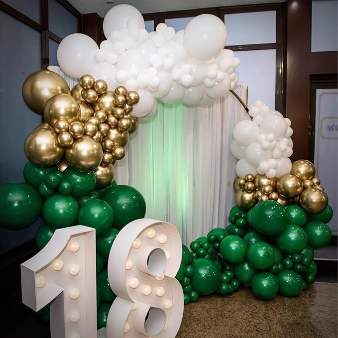 Green and Gold Balloons Garland Arch Kit,154pcs Different Size Emerald Green White and Metallic Gold Latex Balloons for Birthday Wedding Baby Shower St. Patrick's Day Jungle Theme Party Decorations