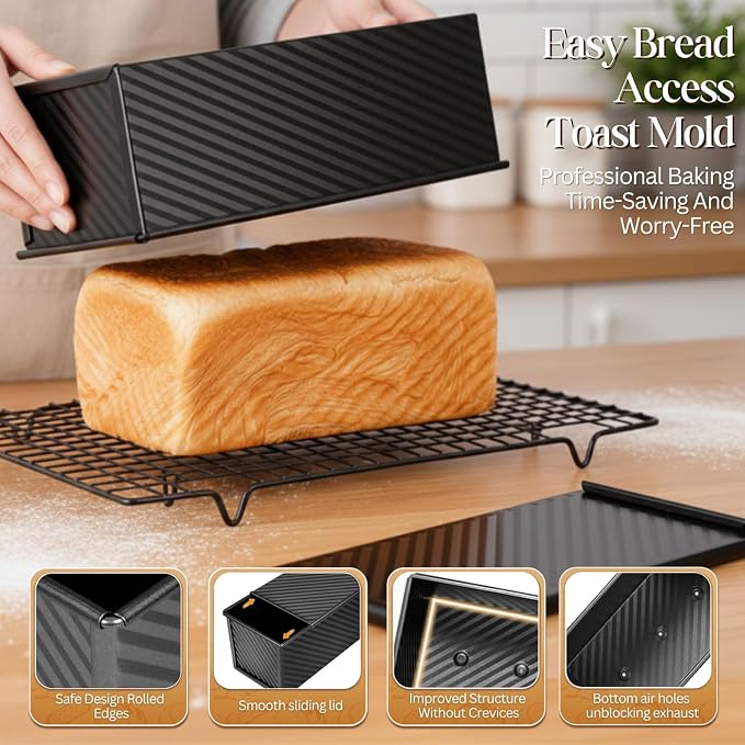 Flexzion 2 Pack Pullman Loaf Pan with Lid - 1 lb Dough Capacity Sandwich Bread Loaf Pan with Lid Cover - Non-Stick Carbon Steel Corrugated Toast Box Mold for Baking Homemade Sandwich, Sourdough, Black
