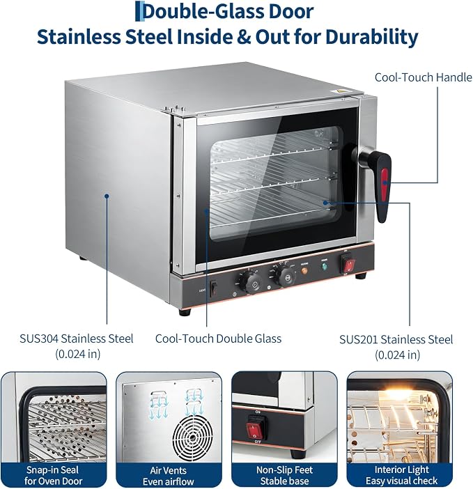 Compact 22L Commercial Countertop Convection Toaster Oven – 3-Tier Air Fryer, 1440W, Adjustable Temp 30°c-300°c, Half-Size, Stainless Steel, with Trays & Wire Racks, Kitchen Appliance,
