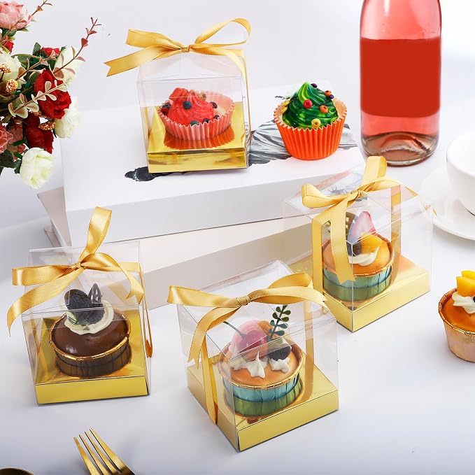 24 Pcs Clear Plastic Cupcake Boxes, 3.5 Inch Single Cupcake Containers for Cake Dessert, Individual Cake Storage Holder with Ribbon Wedding Birthday Party Favor (Gold)