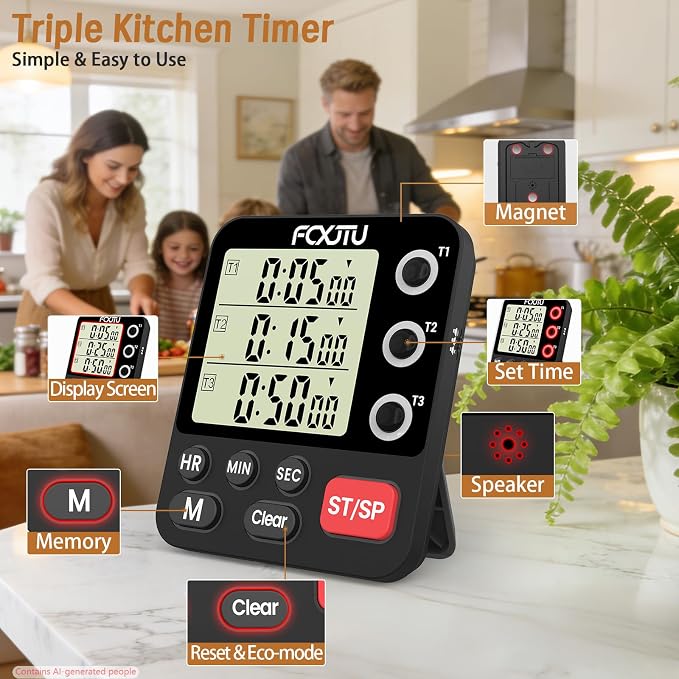 Digital Dual Triple Kitchen Timer, 3-Channel Magnetic Countdown Timer for Cooking, Large Display Stopwatch Multi Food Classroom Timer Loud Alarm for Seniors Teachers Battery Included (Black)