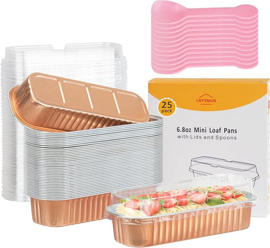 LNYZQUS Foil Mini Loaf Pans with Lids 25 Pack,6.8oz Individual Cake Pan Small Baking Tins for Bread Loaves, Disposable Muffin Cups Mini Aluminum Containers for Holiday Baking Gifts-Champagne