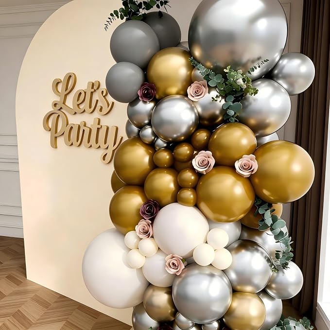 Silver Grey Balloon Garland Arch Kit 143Pcs Sand White Grey Metallic Silver Gold Latex Balloons for Bridal Shower Anniversary Engagement Wedding Birthday Party Decorations