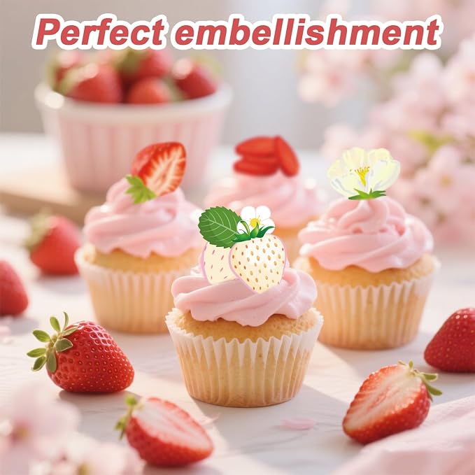 Lyreh 280pcs Edible Strawberry Cupcake Decorations, Strawberry Flower Birthday Cake Toppers Party Floral Decoration Supplies for Sweet Themed Party