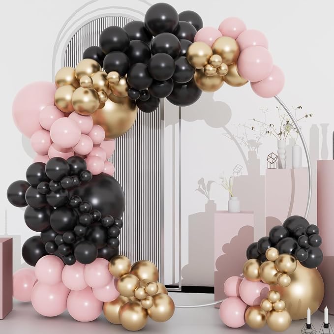 Black Pink and Gold Balloons Arch Kit, 134pcs 18/12/10/5inch Black Pastel Pink Chorme Gold Balloons Garland for Princess Birthday Wedding Bridal Baby Shower Bachelorette Mother's Day Party Decorations