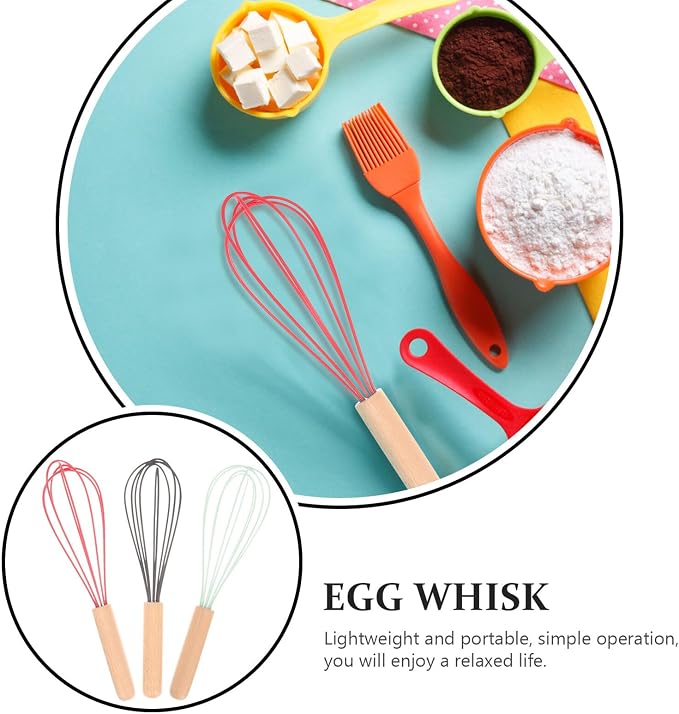 Ipetboom 3Pcs Portable Egg Whisk with Ergonomic Beech Handles Silicone-coated Hand Mixers for Fast Egg Mixing Baking and Kitchen Use in Black Red Dark Green
