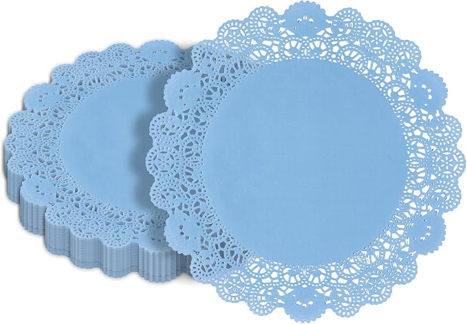 Pastry Tek 12 x 12 Inch Paper Lace Doilies, 100 Disposable Table Doilies - Elegant Lace Finish, Long Lasting, SkyBlue Paper Doily, for Pastries, Cupcakes, Desserts - Restaurantware