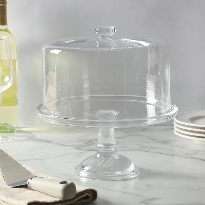 Martha Stewart Watercrest Glass Cake Stand with Dome, 10.2 Inch Clear Footed Pedestal Cake Stand with Glass Lid Cover, Handmade Glassware for Cakes and Desserts