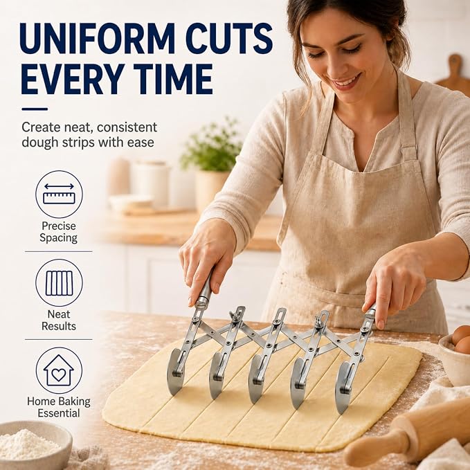 Wheel Adjustable Pasta Cutter with Handle - Stainless Steel Multi-Tool for Baking Pastry, Pizza, Noodles & Pie Crust (5 Roller)