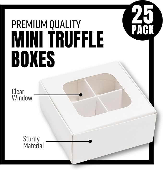 25 pcs White Mini Truffle Box for 4 Treats with Windows and Dividers, Bakery Boxes, 3.5 x 3.5 x 1.57 Inches VERY SMALL Baking Boxes, Square Truffles Box for Gift Giving