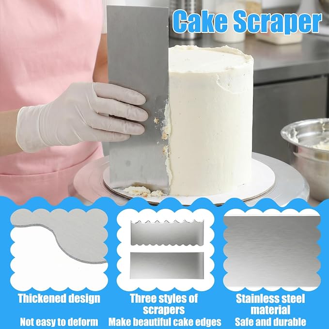 Xinjoduz 2 PCS Stainless Steel Metal Cake Scraper Smoother, 8.7" Double Sided Patterned Stripe Edge Icing Smoother Scraper Cake Decorating Supplies for Frosting Butter Mousse Cream Decoration