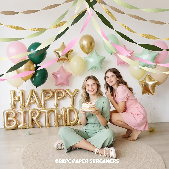 AOYOO Crepe Paper Streamers, 6 Rolls Sage Green Emerald Gold and Pink Party Streamers, Boho Party Decorations for Baby Shower, Woodland Birthday, Wedding and Safari Jungle Theme Supplies