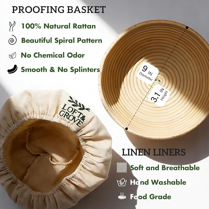 Loft & Grove Sourdough Starter Kit – Complete Bread Baking Kit with 9” Banneton Proofing Basket, 34oz Starter Jar with Feeding Tracker, Dough Whisk, Bread Lame – Beginner Sourdough Baking Supplies
