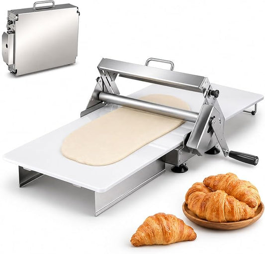 15.75 inch Foldable Manual Dough Sheeter Machine, Adjustable Thickness Stainless Steel Dough Roller 0-25mm, Countertop Pastry Laminator for Croissant, Puff Pastry, Pizza, Pasta & Fondant