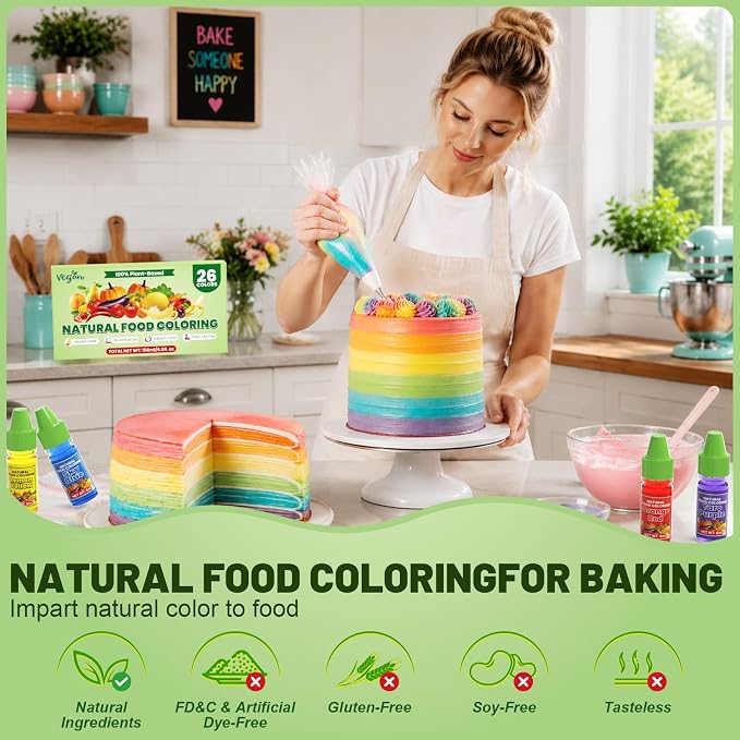 Natural Food Coloring - 26 Colors Artificial & FD&C Dye Free Food Coloring, Liquid Natural Food Dye for Baking, Frosting, Cake Decorations, Icing, Easy to Blend, Stable Color Performance - 6ml/Each