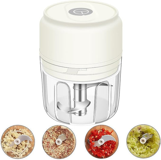 250ML Mini Electric Garlic Mincer, Onion Chopper Grinder Masher, USB Wireless Garlic Press, Small Food Processor Blender for Vegetable Ginger Chili, White