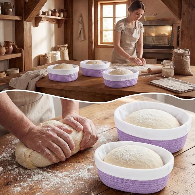 4 Pcs 10 Inch Cotton Rope Banneton Bread Proofing Basket Set Oval Banneton Basket Sourdough Bread with Liners Covers for Baking Supplies (Purple)