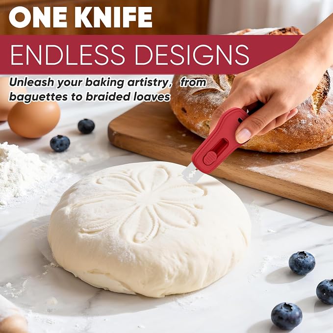 24SHEN Bread Lame, Sourdough Scoring Tool with Extractable & Magnetic, Sour Dough Tools Sourdough Cutter for Homemade Bread Making, Scoring Knife Include 5 Razor Blades-Red