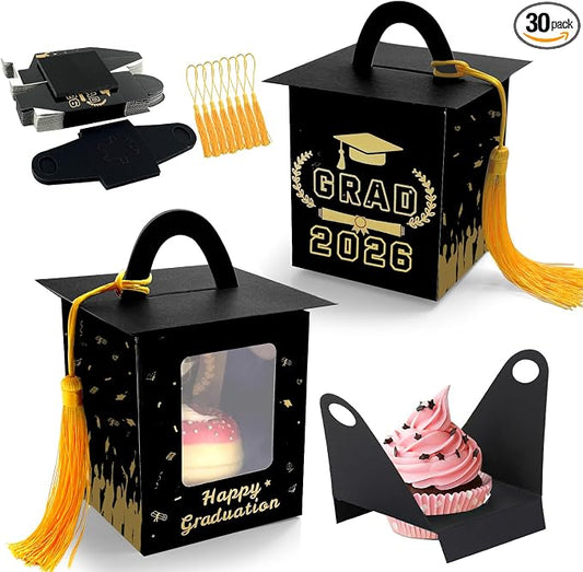 Graduation Cupcake Boxes Individual Cupcake Container Grad Cupcake Gift Boxes with Window for 2026 College Grad Party Bakery Wrapping (Black-30pc)