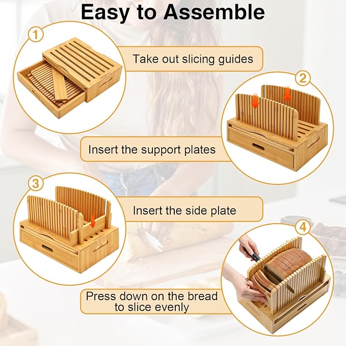 Bamboo Bread Slicer for Homemade Bread, Wilupry Bread Cutter Guide with Crumb Tray Adjustable Foldable for Sourdough Rounds Loaf Sandwich