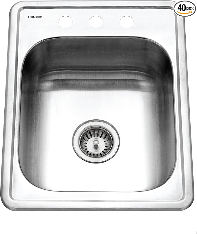 Houzer Glowtone ADA Compliant Stainless Steel Kitchen Bar & Prep Sink - 17 Inch Drop-In Topmount 3-Hole Large Sink, Durable & Versatile, Nested 40-Pack - A1722-7BS-40