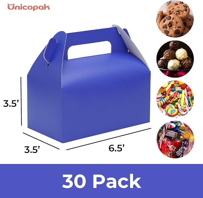 UnicoPak 30 Pack Navy Blue Gable Treat Boxes Party Favor Goodie Bag Boxes for Candy Treats Snacks Cookie Toys for Birthday Party Special Events, 6.5x3.5x3.5 Inches