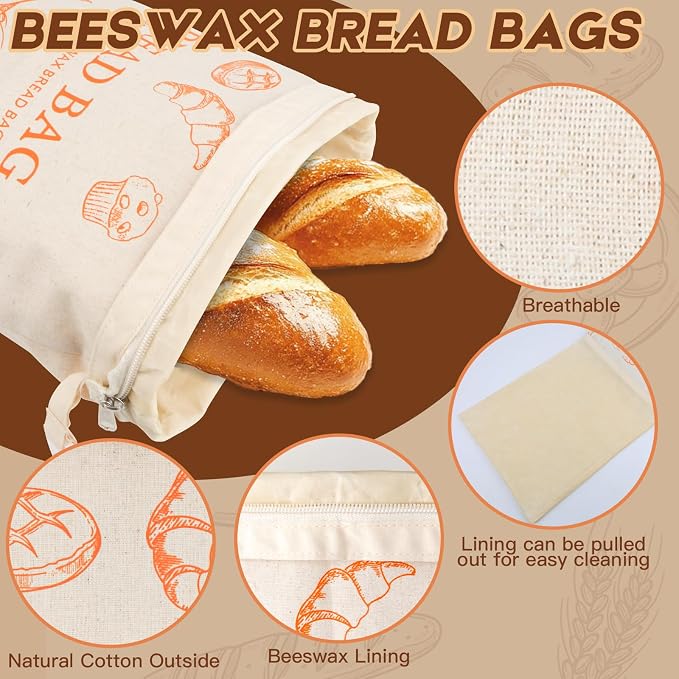 2-Pack Reusable Beeswax Bread Bags for Homemade Bread & Sourdough,Eco-Friendly Bread Storage with Zipper Seal, Freshness Keeping & Freezer Safe, 17"x13" Linen Bags, Bakery Essentials