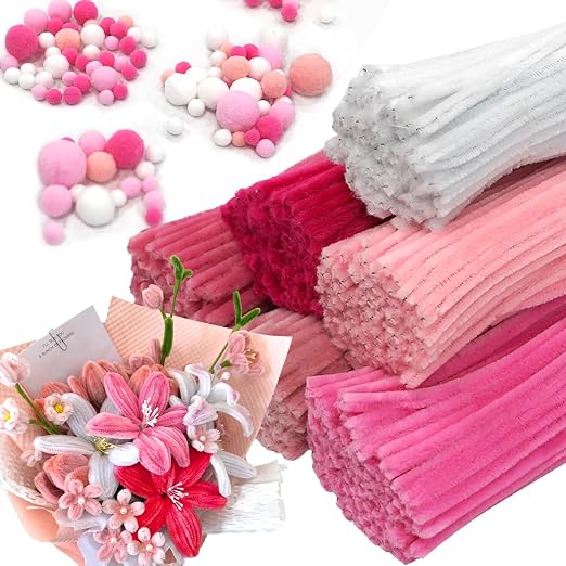 600pcs Pink Pipe Cleaners Bulk and 300pcs Pompoms - Fluffy Fuzzy Wire, Pastel Pom Poms Chenille Stems for Arts & Crafts, Ideal for Making Flowers Animal Thanksgiving Christmas Party Supplies