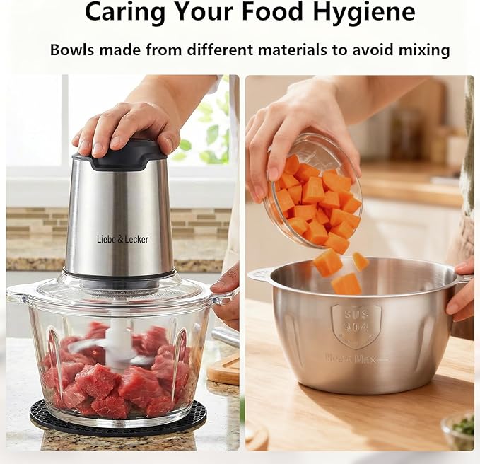 Liebe&Lecker Electric Food Chopper, 350W Food Processor with 2 Bowls | Dual 8-Cup Stainless Steel Meat Grinder, 2-Speed Vegetable Chopper with 4 Sharp Blades for Nuts, Puree Recipes, Zero BPA