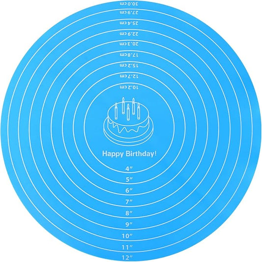 Silicone Baking Mat Cake Mat Round Silicone Baking Mat with Measurements for Cake Turntable Stand Pastry Baking Sheet, Non-Stick and Heat Resistant (Blue)