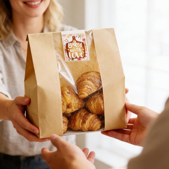 15.7x10.2x5.1in Extra Large Paper Bread Bags for Homemade Bread with Window&Sticker for Supersized Sourdough Bread, Oversized Bread Loaf, Baked Goods, Packaging for Gifting-Brown Kraft 50Pcs