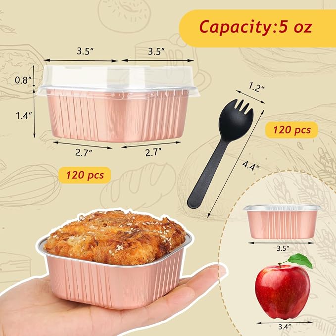 120pack 5oz Mini Cake Pans with Lids,LNYZQUS Foil Cupcake Cups Small Brownie Baking Tins,Square Disposable Ramekins Mini Cheesecake Containers Muffin Holders-Champagne