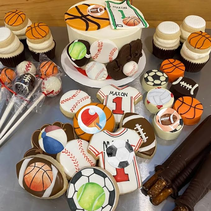 48PCS Edible Sports Cupcake Toppers Edible Basketball Soccer Baseball Tennis Rugby Cake Decorations for Sports Ball Game Theme Baby Shower Birthday Party Cake Decorations Supplies