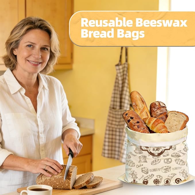 2 Pack Beeswax Bread Bags for Sourdough Homemade Bread, Organic Linen Reusable Natural Bread Storage Bag, Keep Fresh Moisture, Freezer-Friendly, Large Capacity Food Storage Cloth Bag