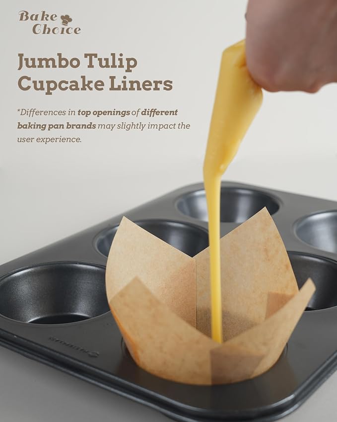 Bake Choice 100pcs Natural Super Jumbo Tulip Cupcake Liners for Baking, Unbleached Cupcake Liner, Greaseproof Parchment Paper Muffin Liners, Tulip Muffin Liners for Party, Christmas, Valentines
