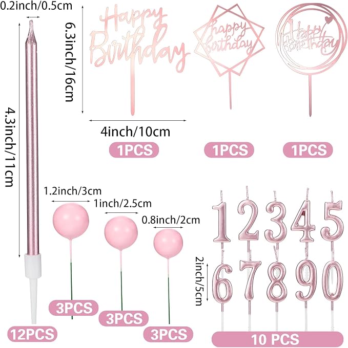 Yerliker 34 Pcs Happy Birthday Cake Toppers Decorations Birthday Candles DIY Cake Decor for Men Women Wedding Anniversary(Rose Gold)