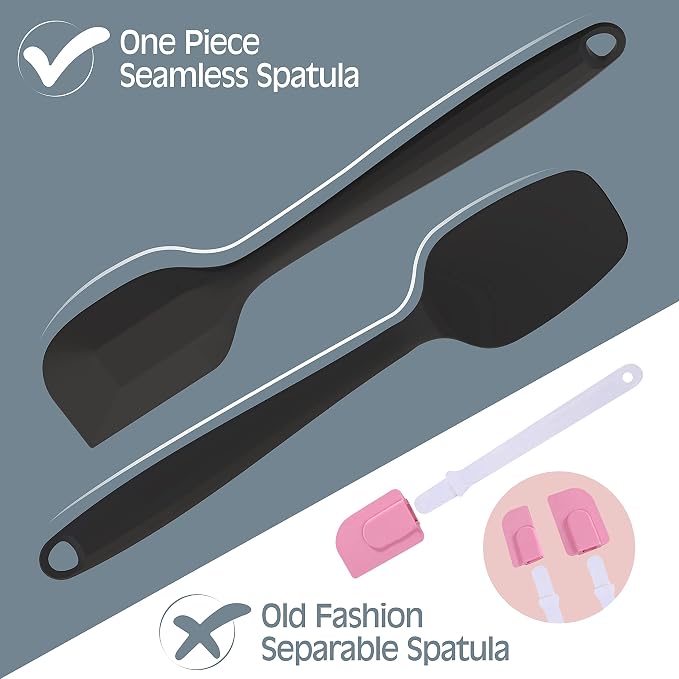 Permanent Warranty Silicone Spatula Set of 6 Seamless One-Piece Non Stick Heat Resistant up 600°F Kitchen Utensils Cooking Baking (Black)