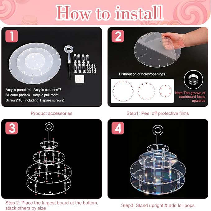 3 Tier Acrylic Lollipop Stand with Handle, 36-Hole Clear Cake Pop Holder with 100 Sticks, 100 Wrappers, 100 Gold Twist Ties, Candy Dessert Display Rack for Weddings, Birthday Parties, Baby Showers