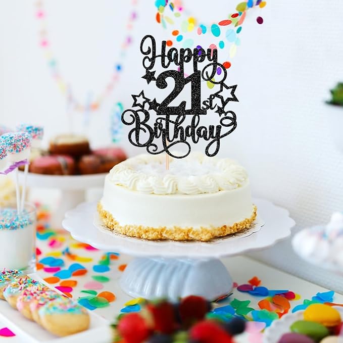1 PCS Happy 21st Birthday Cake Topper Glitter Cheers to 21 Years Birthday Cake Pick Hello 21 Fabulous Cake Decoration for Happy 21st Birthday Anniversary Party Decorations Supplies Black